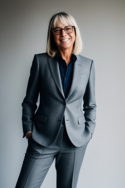 a woman in a suit and glasses posing for a photo