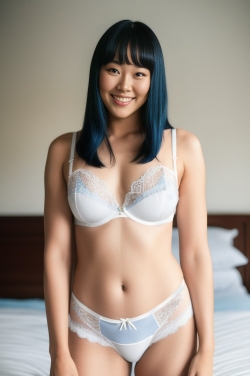 an asian woman wearing a white and blue lingerie