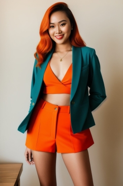a woman with red hair wearing an orange top and green blazer