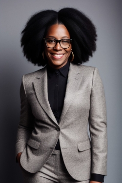 an african american woman wearing glasses and a suit