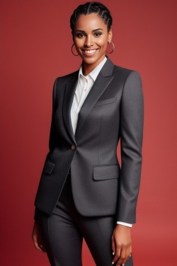 a woman in a black suit and white shirt