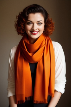 a woman with red hair wearing an orange scarf
