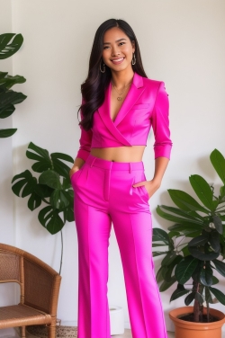 a woman in a bright pink suit poses for the camera