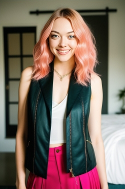 a woman with pink hair wearing a black leather vest and pink skirt
