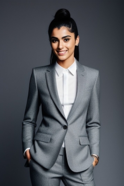 a woman in a grey suit posing for the camera